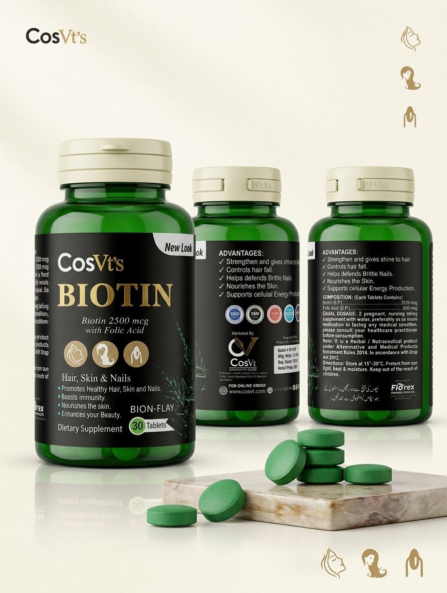 CosVt's Biotin 2500 mcg with Folic Acid (30 Tablets) – Hair, Skin & Nails Supplement