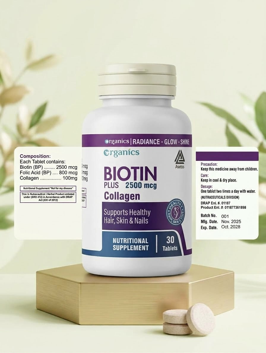 Organics Biobex Biotin Plus 2500 mcg with Collagen (30 Tablets) – Hair, Skin & Nails Supplement